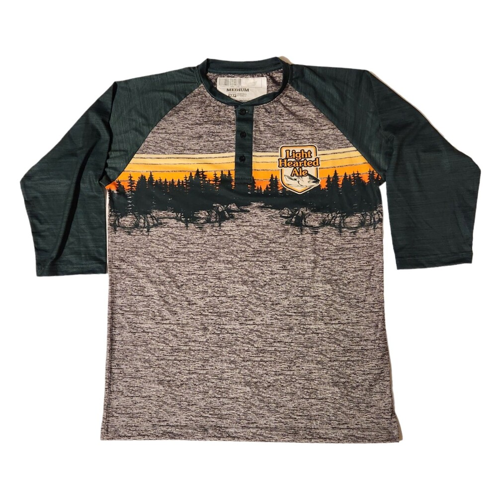 Bells Beer Shirt Light Hearted Ale 3/4 Sleeve Henley Green/Gray Polyester Mens M